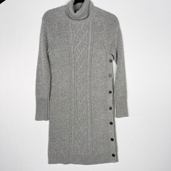 J Crew XSmall XS Gray Wool Blend Cable Knit Turtleneck Sweater Dress Button Side - Picture 1 of 11